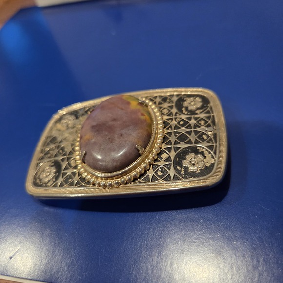 Unbranded Accessories - Red Coral Stone Cabochon Silver Tone Oval Belt Buckle Floral Engraved